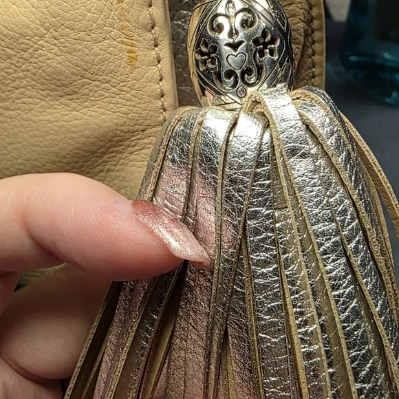 Vintage Brighton Leather Crossbody Bag Beige Silver Tassel Purse